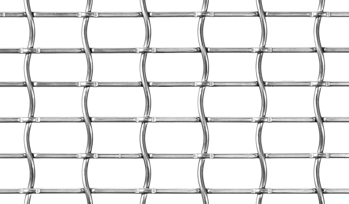 A wavy square woven mesh in stainless steel