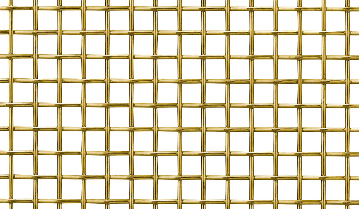 A tightly woven square mesh in brass
