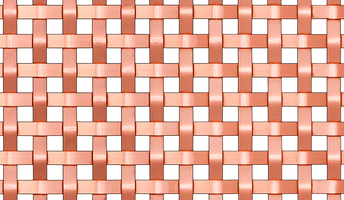 a flat square woven mesh in copper