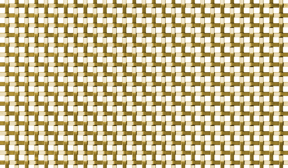A small flat square woven mesh with a narrow open area in brass