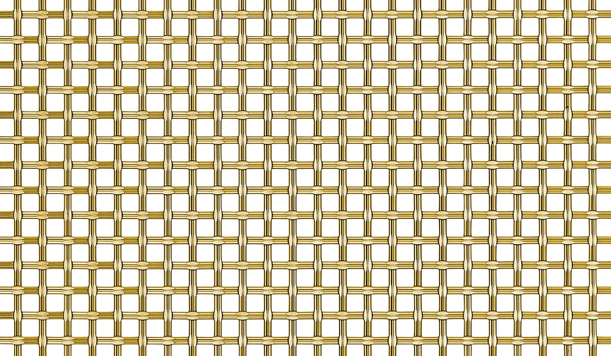 A flat woven wire mesh with a square pattern in brass