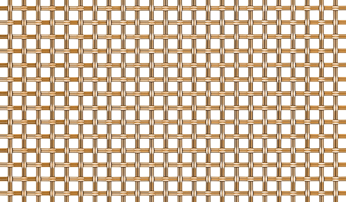 A flat woven wire mesh with a square pattern in bronze