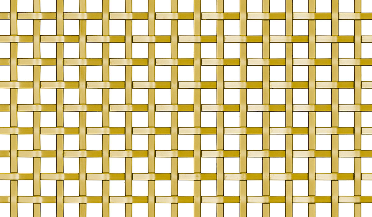 A flat woven wire mesh with a square pattern in brass