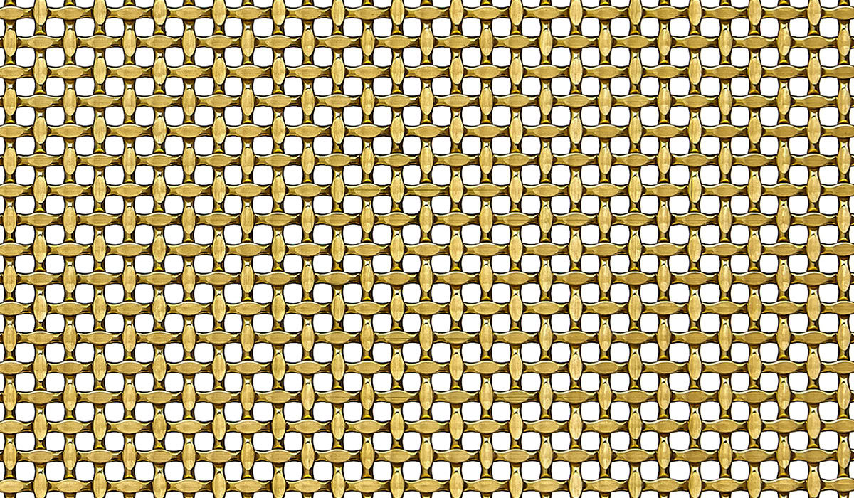 A flat oval shaped woven mesh in brass