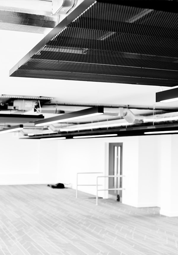 White walled room with strip lighting across the ceiling with black metal grid panels