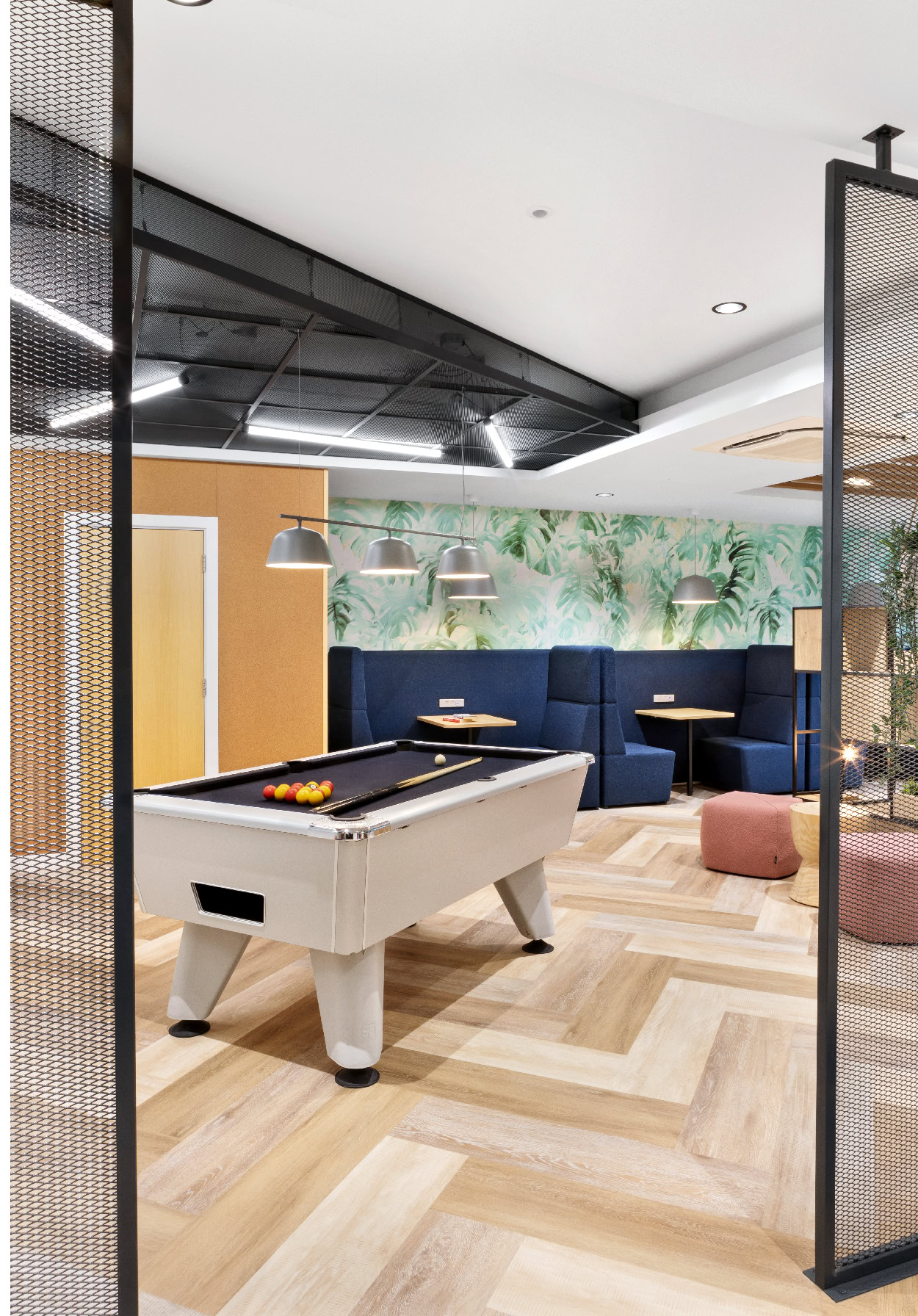 Front view of expanded mesh ceiling installed at 1 Cavendish Place.