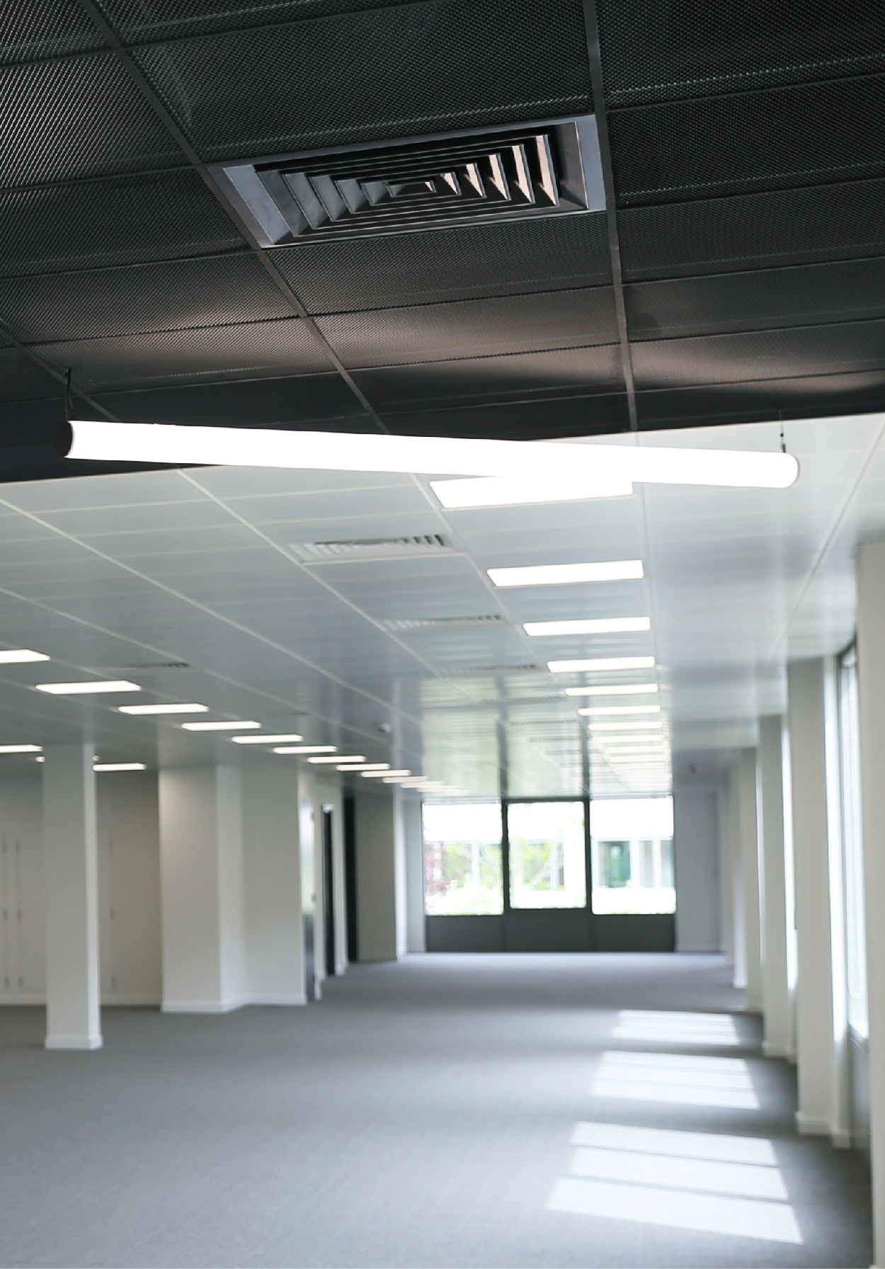 An empty office space with strip lighting, grey carpet, white pillars and a black metal mesh ceiling
