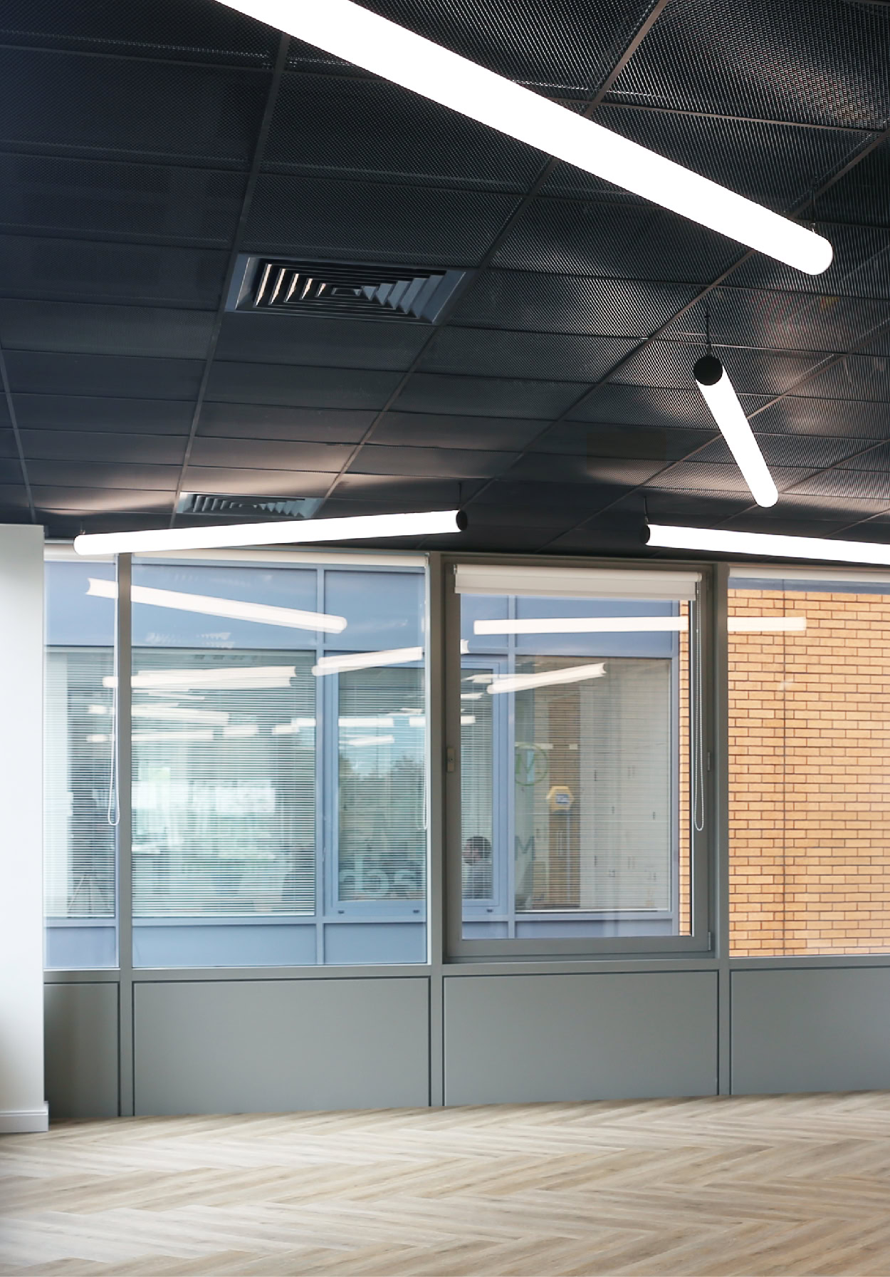 Front view of expanded mesh ceiling installed at 1 Cavendish Place.