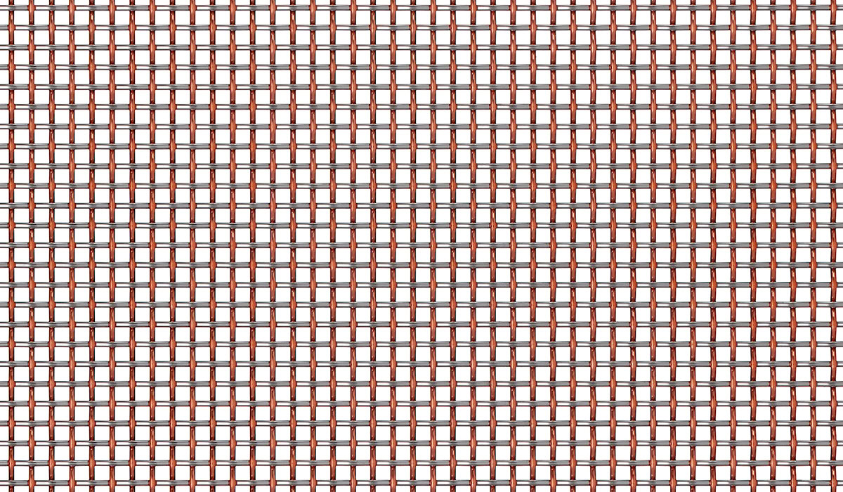 A tightly woven square mesh in copper and stainless steel