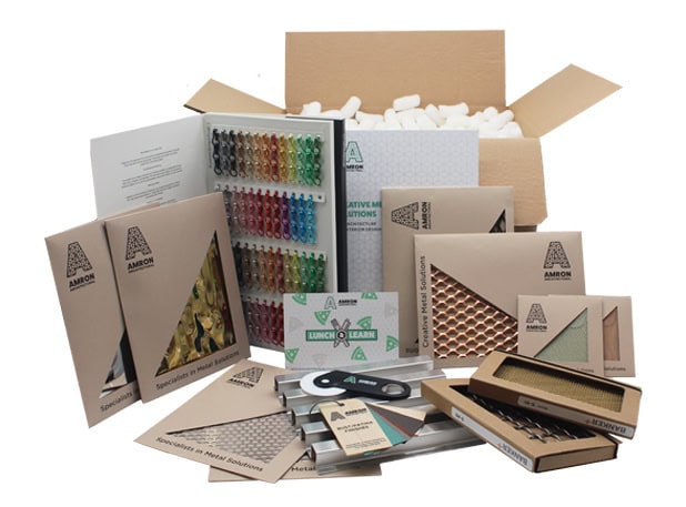 A selection of metal and mesh products in Amron Architectural branding