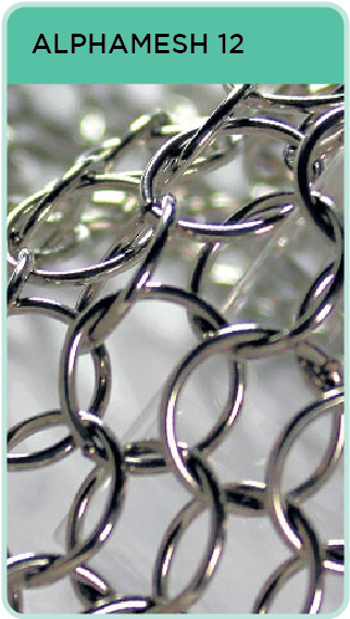 An Alpha Mesh 12 sample in stainless steel with a teal label at the top with the mesh name