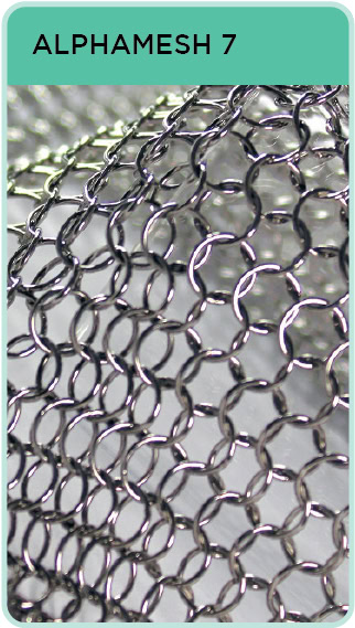 An Alpha Mesh 7 sample in stainless steel with a teal label at the top with the mesh name