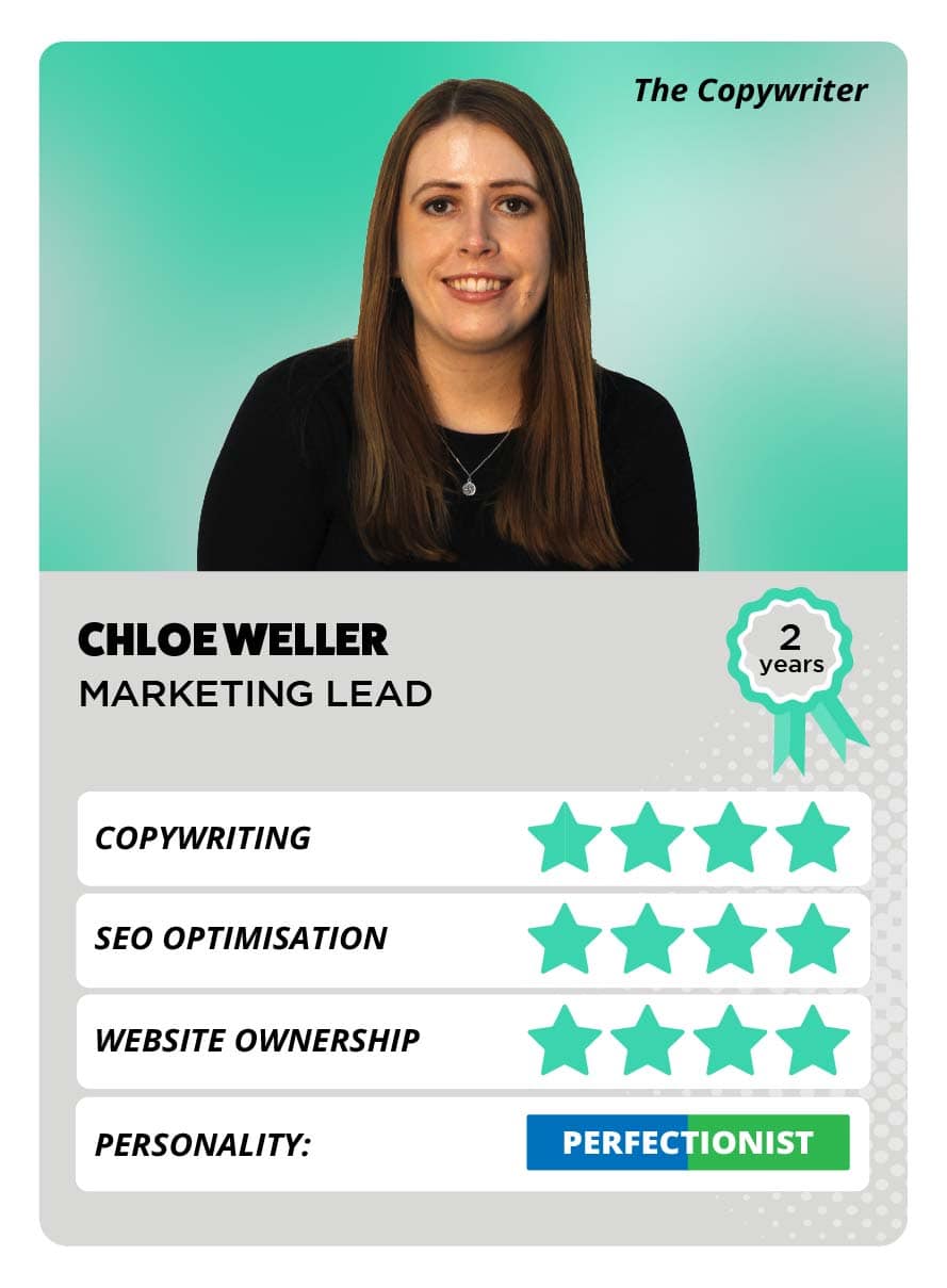 A top trump style card featuring a smiling woman with light brown hair, wearing a black top. There are green stars to show her personality attributes.