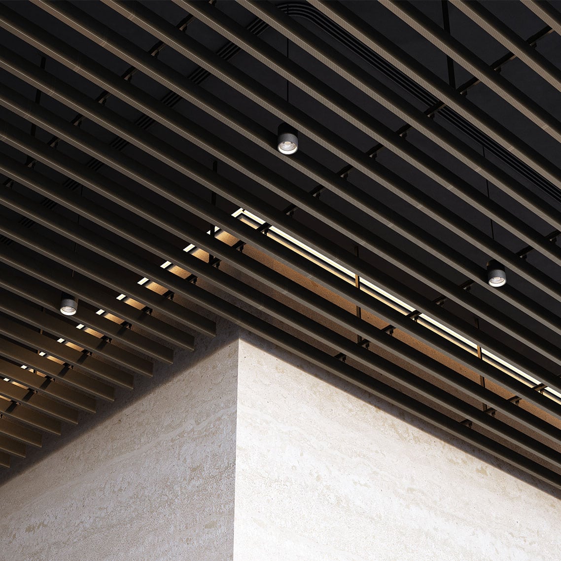 A close-up image of a metal baffle ceiling system